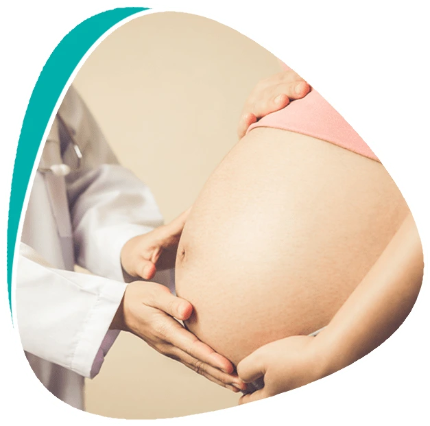 A doctor is checking a pregnant woman's belly.